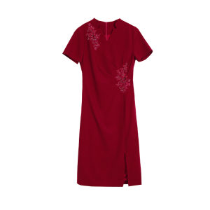 TR45950# 新款酒红色喜婚宴礼服夏季高端连衣裙 礼服批发