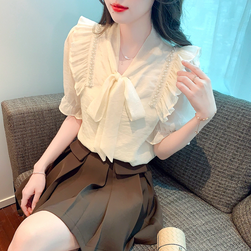 法式釘珠荷葉邊雪紡襯衫女短袖2026夏季新款氣質名媛小衫天絲上衣