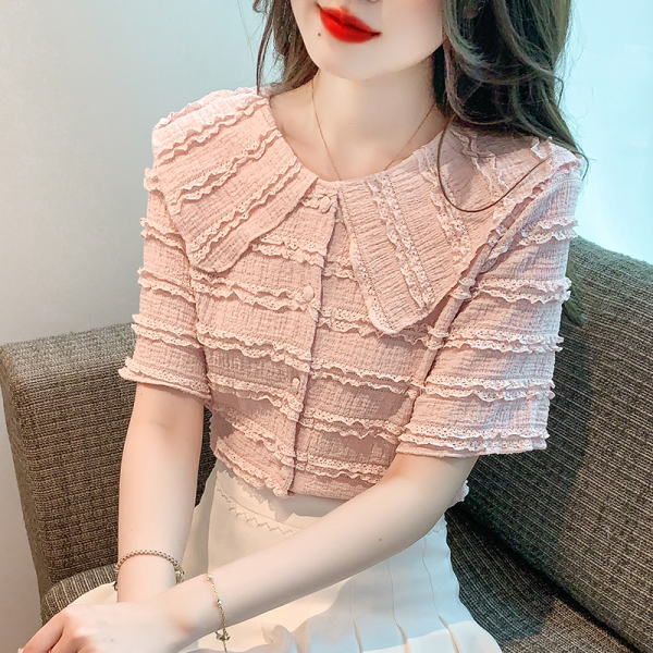 RM21148#夏季新款小香风法式泡泡袖别致漂亮娃娃领雪纺小衫衬衣