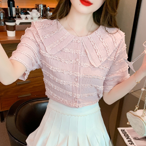 RM21148#夏季新款小香风法式泡泡袖别致漂亮娃娃领雪纺小衫衬衣
