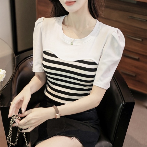 RM9495#女装夏季新款圆领条纹拼接假两件显瘦短袖T桖