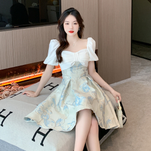 RM11154#泡泡袖法式高级感蝴蝶结提花质感连衣裙A字蓬蓬裙小礼服便装