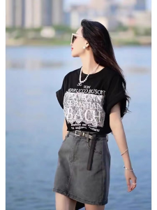 RM9890#蕾丝少女A3908韩版洋气时网纱拼接字母短袖T恤