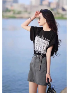 RM9890#蕾丝少女A3908韩版洋气时网纱拼接字母短袖T恤