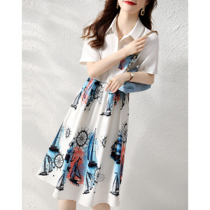 TR38357# 水墨优雅夏季休闲宽松韩版裙子修身收腰印花连衣裙 服装批发女装批发服饰货源