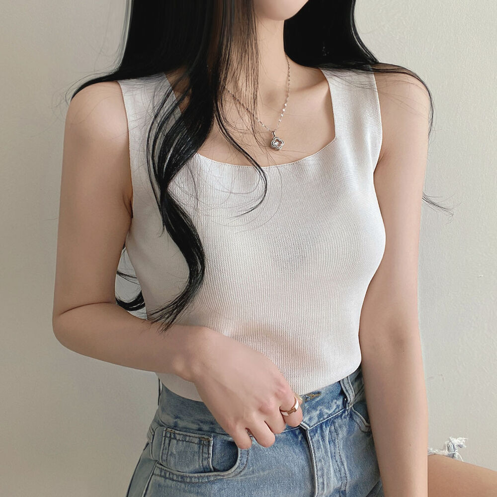 Square plain sleeveless knitted T-shirt Korean style chic sexy bottoming pullover small camisole solid color for women