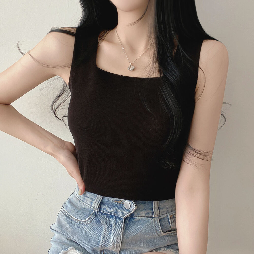 Square plain sleeveless knitted T-shirt Korean style chic sexy bottoming pullover small camisole solid color for women