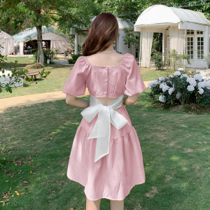 RM9480#夏新款设计感小众V领高腰短袖连衣裙泡泡袖蛋糕裙