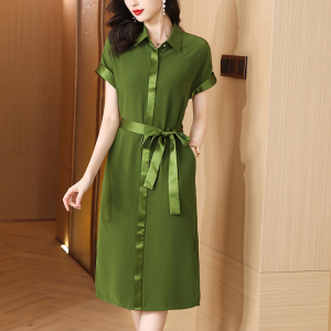 RM15680#夏季新款2023短袖西装领法式轻熟复古时尚收腰系带纯色中长裙女