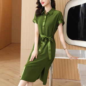 RM15680#夏季新款2023短袖西装领法式轻熟复古时尚收腰系带纯色中长裙女