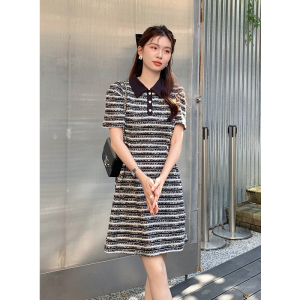 RM10784#夏季新款法式优雅重工针织提花裙子短袖条纹连衣裙女