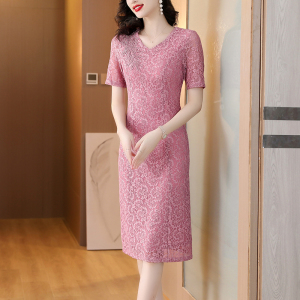 RM11084#夏季新款连衣裙蕾丝旗袍气质如妈妈装中长款V领连衣裙