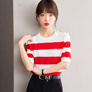 RM21013#红白条纹小香风针织冰丝短袖t恤女设计上衣夏款2023
