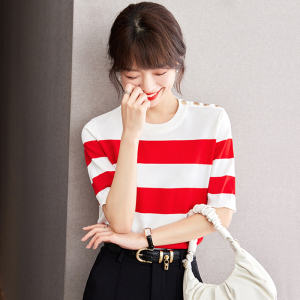 RM21013#红白条纹小香风针织冰丝短袖t恤女设计上衣夏款2023