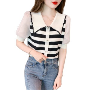 RM10184#夏季新款T恤雪纺拼接有色曲珠高质量上衣女娃娃领