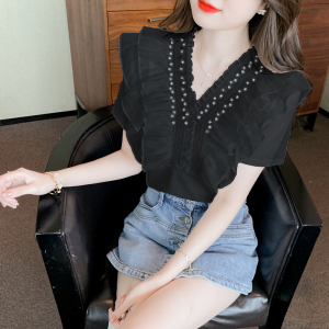 RM16347#夏季新款韩版百搭V领木耳边体恤女上衣镶钻重工设计感