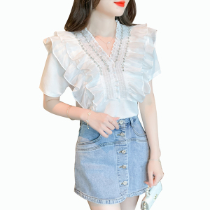 RM16347#夏季新款韩版百搭V领木耳边体恤女上衣镶钻重工设计感