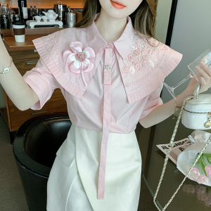 TR30983# 夏季新款短袖蕾丝重工刺绣娃娃领钉珠上衣 服装批发女装批发服饰货源