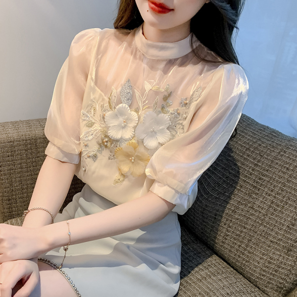 RM18637#夏季新款重工订珠刺绣花朵时尚显瘦气质雪纺衬衫