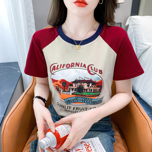 RM16945#拼色短袖T恤女夏季插肩袖圆领休闲套头网红欧货洋气百搭上衣