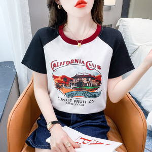 RM16945#拼色短袖T恤女夏季插肩袖圆领休闲套头网红欧货洋气百搭上衣