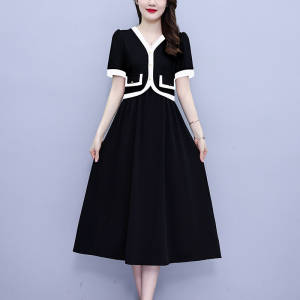 RM10555#夏季新款小香风v领假两件撞色拼接显瘦连衣裙