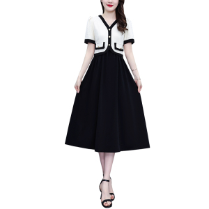 RM10555#夏季新款小香风v领假两件撞色拼接显瘦连衣裙