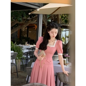 RM10159#午后海德气质千金高级感小香风连衣裙粉白纯色搭配书香气新款
