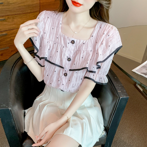RM15888#夏季新款法式方领荷叶边波点衬衫女装气质百搭短袖衬衣