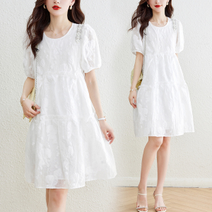 RM9972#重工钉钻泡泡袖白色连衣裙夏法式甜美仙女宽松高腰娃娃裙欧货