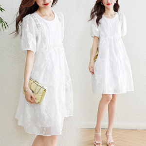 RM9972#重工钉钻泡泡袖白色连衣裙夏法式甜美仙女宽松高腰娃娃裙欧货