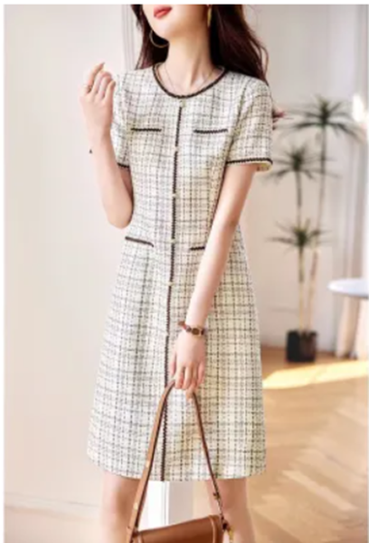 RM16893#小香风连衣裙女2023年夏季新款优雅气质精致婉约格纹裙子