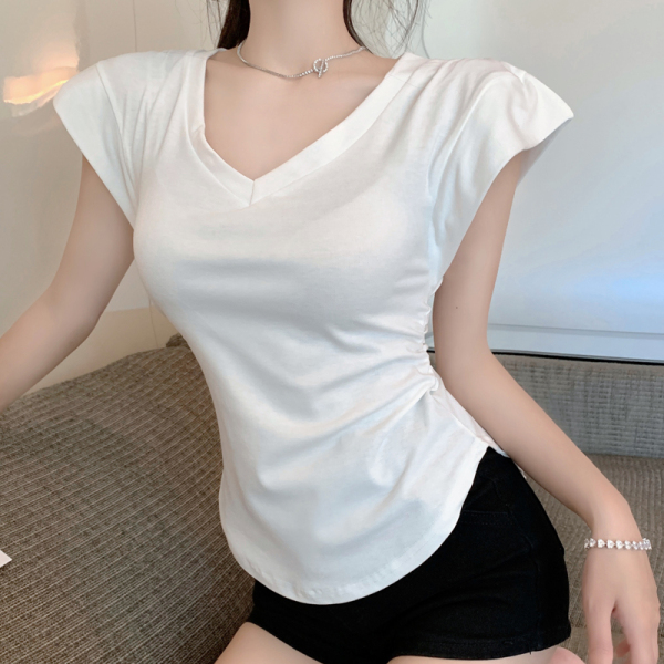 RM11303#V领t恤女夏设计感不规则无袖背心中长款修身显瘦辣妹短袖上衣