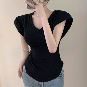 RM11303#V领t恤女夏设计感不规则无袖背心中长款修身显瘦辣妹短袖上衣