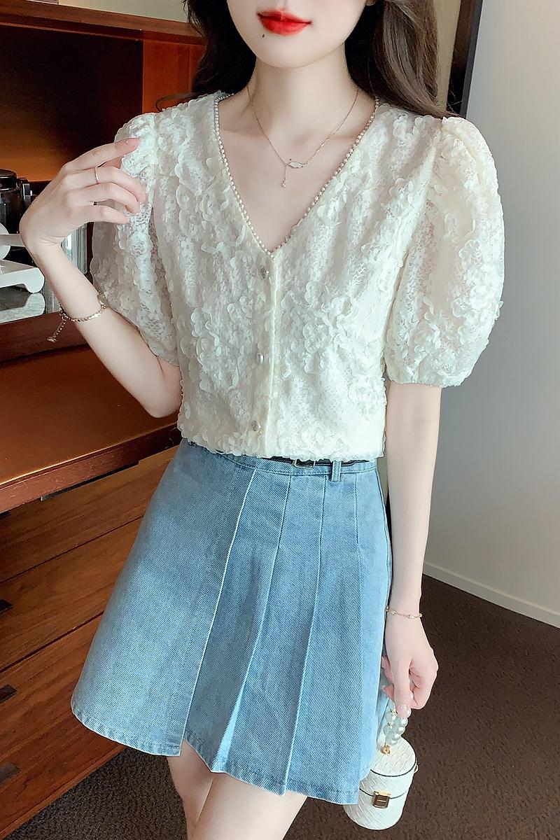 歐貨夏季新款氣質甜美立體花朵釘珠小個子V領開衫上衣女短袖襯衫