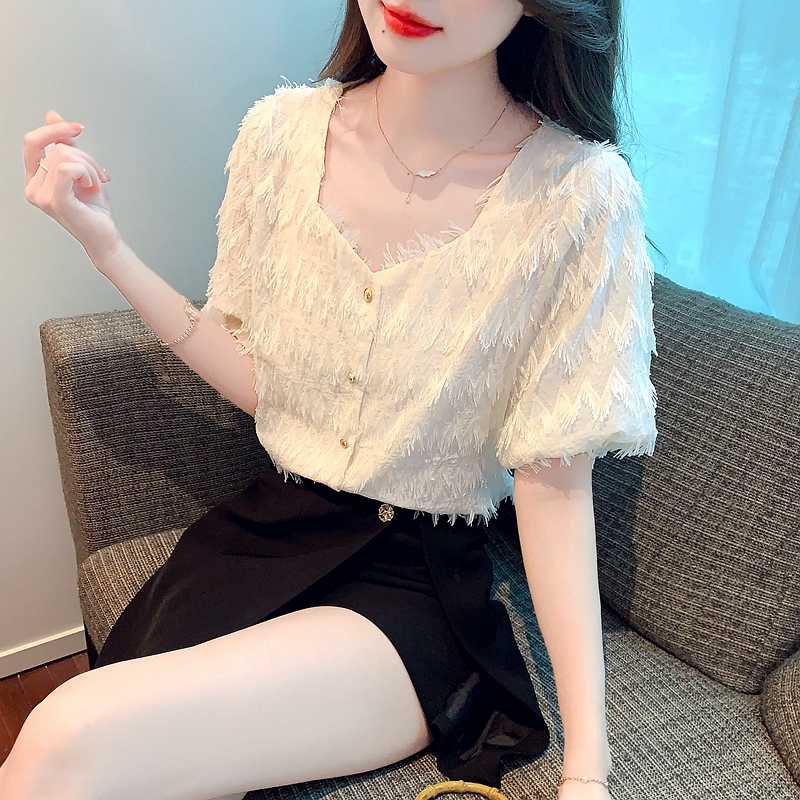 歐貨小香風襯衫上衣女裝2025新款夏流蘇方領短袖襯衣漂亮時髦小衫