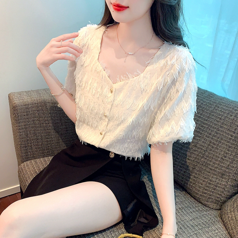 歐貨小香風襯衫上衣女裝2025新款夏流蘇方領短袖襯衣漂亮時髦小衫