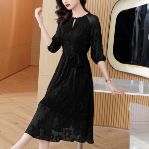 RM25255#黑色雪纺连衣裙女2023年夏季气质高级感时尚法式减龄显瘦洋气裙子