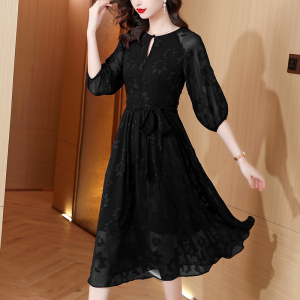 RM25255#黑色雪纺连衣裙女2023年夏季气质高级感时尚法式减龄显瘦洋气裙子