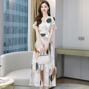 RM14333#夏季新款短袖印花雪纺连衣裙过膝显瘦流行中长款裙