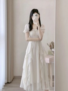 RM17112#法式方领甜美温柔仙女风连衣裙女夏季新款女装收腰显瘦中长款裙子