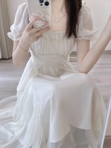 RM17112#法式方领甜美温柔仙女风连衣裙女夏季新款女装收腰显瘦中长款裙子