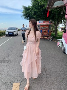 RM17112#法式方领甜美温柔仙女风连衣裙女夏季新款女装收腰显瘦中长款裙子