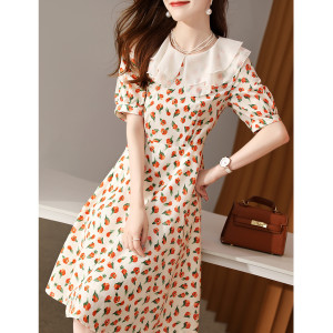 RM13332#郁金香夏季气质拼接领子印花新款精致裙子通勤气质连衣裙女夏