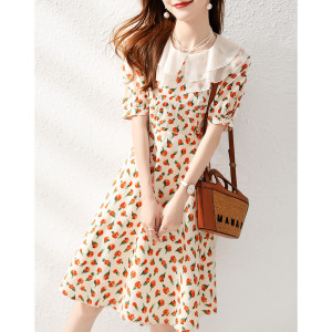 RM13332#郁金香夏季气质拼接领子印花新款精致裙子通勤气质连衣裙女夏