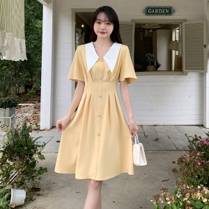 RM19575#大码女装2023年新款夏装法式温柔风大翻领收腰显瘦短袖连衣裙