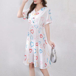 RM12209#夏新款韩版简约爱心印花V领短袖减龄洋气时尚遮腹气质连衣裙