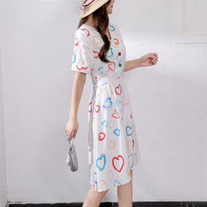 RM12209#夏新款韩版简约爱心印花V领短袖减龄洋气时尚遮腹气质连衣裙