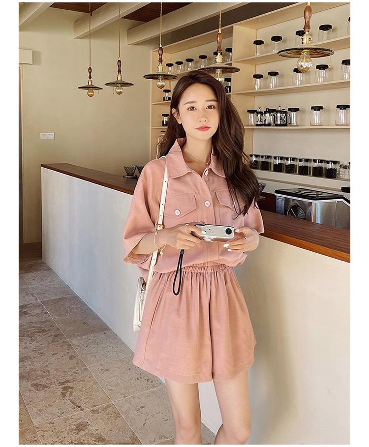 Pink shirt suit female summer small Korean version loose casual  new short-sleeved top shorts two-piece set