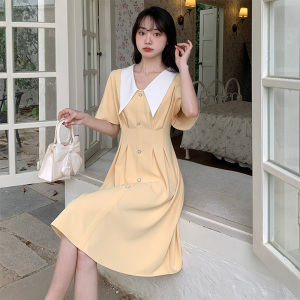 RM19575#大码女装2023年新款夏装法式温柔风大翻领收腰显瘦短袖连衣裙